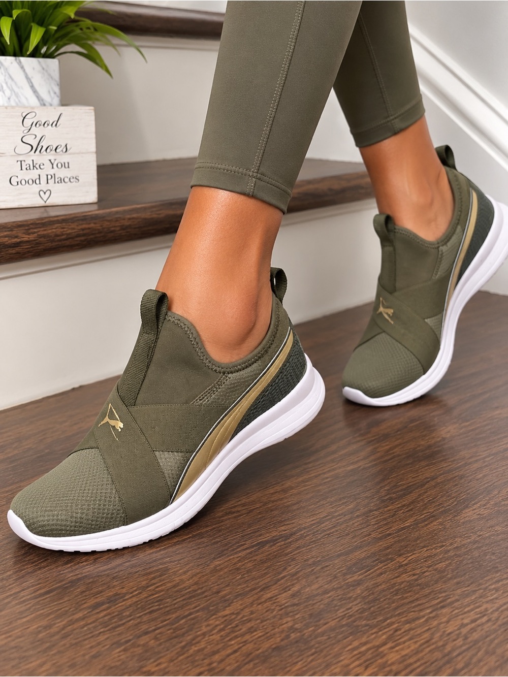Puma Olive Green Slip-On Women’s Sneakers with White Sole